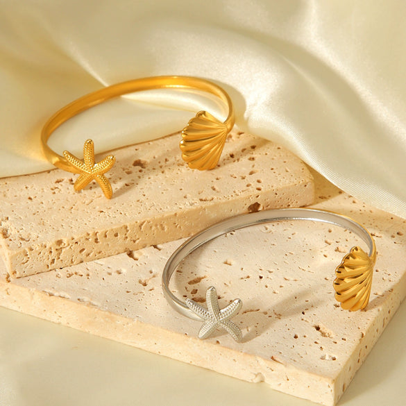 Wholesale Women's Stainless Steel And Shell Electroplated Starfish Ocean Element Open Bracelet Jewelry