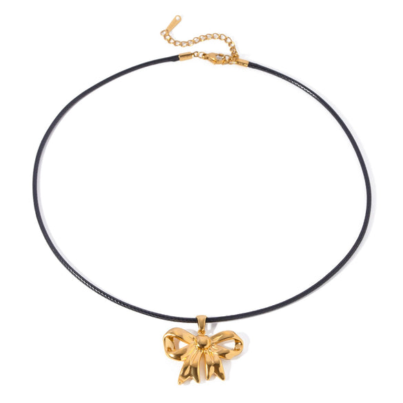 Wholesale Women's Stainless Steel And Titanium Steel Bow Pendant Necklace With Black Wax Rope And Electroplating Design