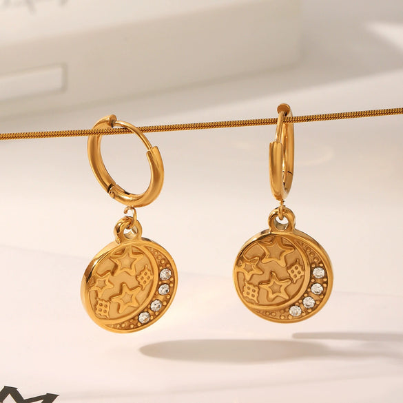 Wholesale Women's Stainless Steel And Titanium Steel Earrings With Star Shape Pvd Vacuum Plated Real Gold And Diamond