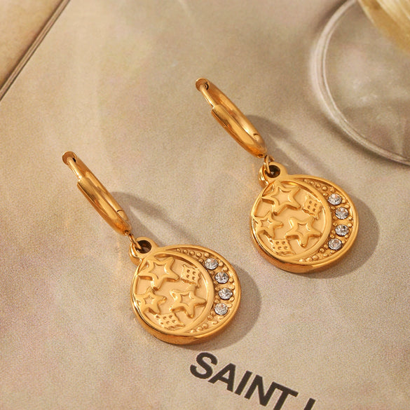 Wholesale Women's Stainless Steel And Titanium Steel Earrings With Star Shape Pvd Vacuum Plated Real Gold And Diamond