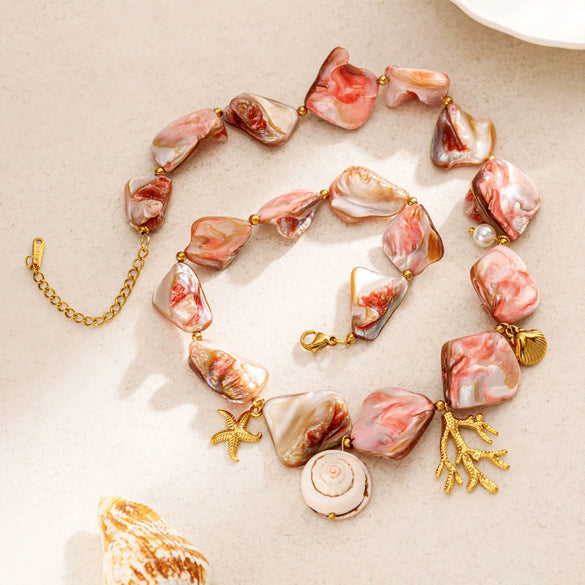 Wholesale Women's Stainless Steel And Titanium Steel Electroplated Necklace With Shell Coral Marine Design