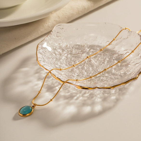 Wholesale Women's Stainless Steel And Titanium Steel Geometric Blue Opal Necklace With 18K Gold Plated Electroplating Treatment