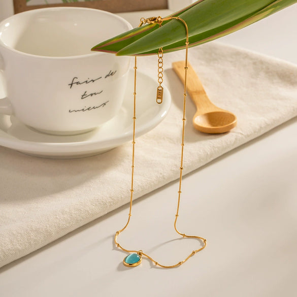 Wholesale Women's Stainless Steel And Titanium Steel Geometric Blue Opal Necklace With 18K Gold Plated Electroplating Treatment