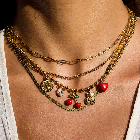 Wholesale Women's Stainless Steel And Titanium Steel Geometric Cherry Zircon Stacked Multi Layer Clavicle Chain Necklace With Electroplating