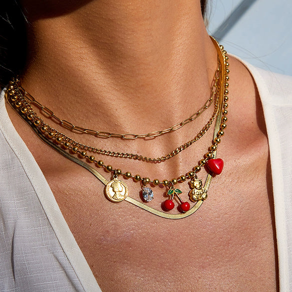 Wholesale Women's Stainless Steel And Titanium Steel Geometric Cherry Zircon Stacked Multi Layer Clavicle Chain Necklace With Electroplating