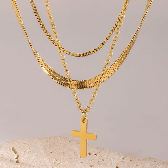 Wholesale Women's Stainless Steel And Titanium Steel Geometric Cross Pendant Three Layer Necklace With Electroplating