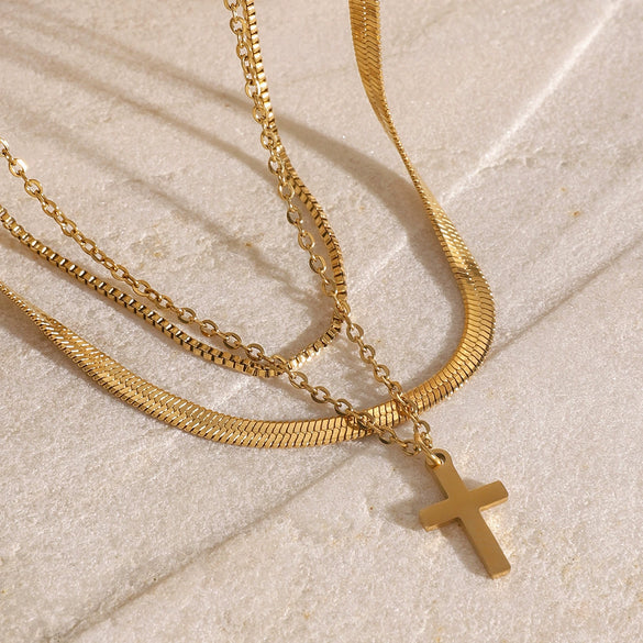 Wholesale Women's Stainless Steel And Titanium Steel Geometric Cross Pendant Three Layer Necklace With Electroplating