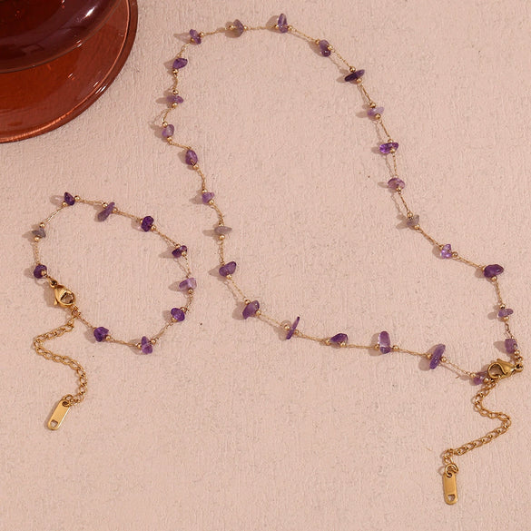 Wholesale Women's Stainless Steel And Titanium Steel Geometric Style Handmade Electroplated Amethyst Gravel Bracelet And Chain Necklace