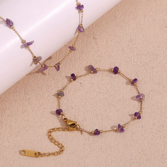 Wholesale Women's Stainless Steel And Titanium Steel Geometric Style Handmade Electroplated Amethyst Gravel Bracelet And Chain Necklace