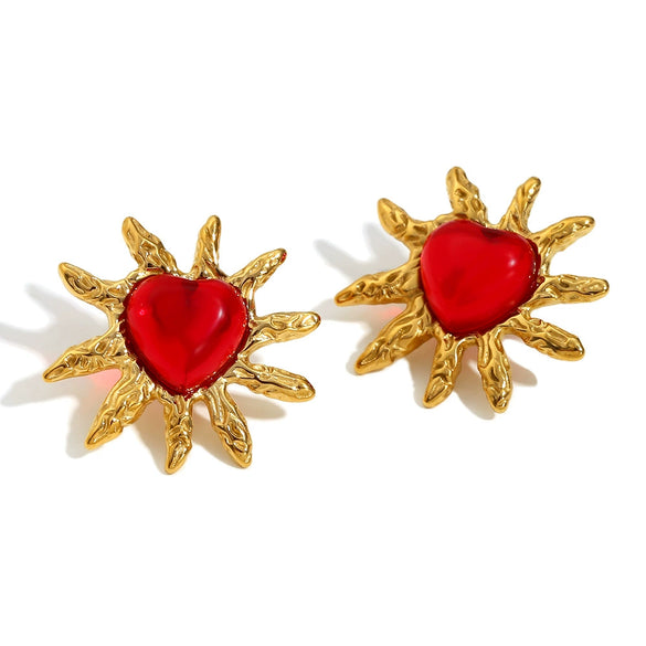 Wholesale Women's Stainless Steel And Titanium Steel Geometric Style Necklace And Earrings With Red Agate 18K Gold Plated By Electroplating