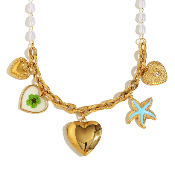 Wholesale Women's Stainless Steel And Titanium Steel Heart Shaped Imitation Pearl Pendant Necklace With 18K Gold Plated Electroplating
