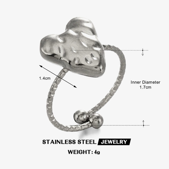 Wholesale Women's Stainless Steel And Titanium Steel Heartshaped Open Ring With Hammer Pattern And 18K Goldplated Electroplating