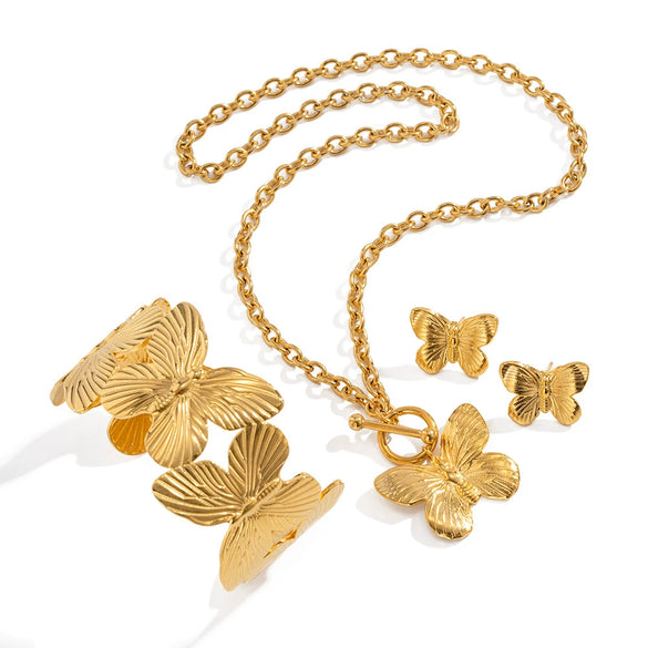Wholesale Women's Stainless Steel And Titanium Steel Jewelry With Geometric Style And Electroplating Treatment Butterfly Necklace And Bracelet Earrings
