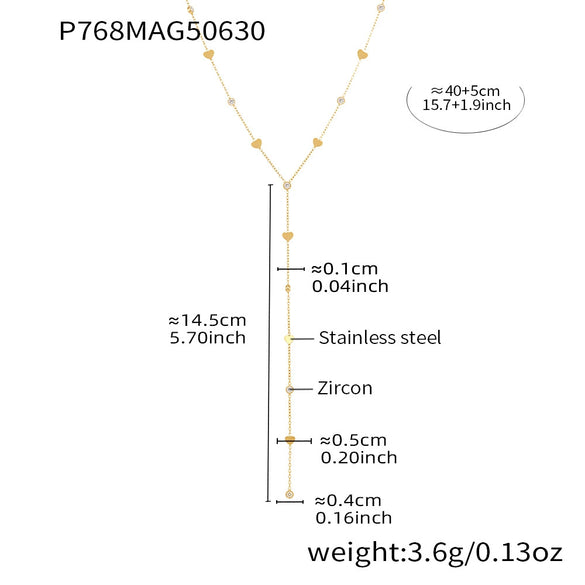 Wholesale Women's 316L Stainless Steel And 316L Stainless Steel Light Luxury Geometric Heart Shaped Zircon Yshaped Tassel Necklace With Electroplating
