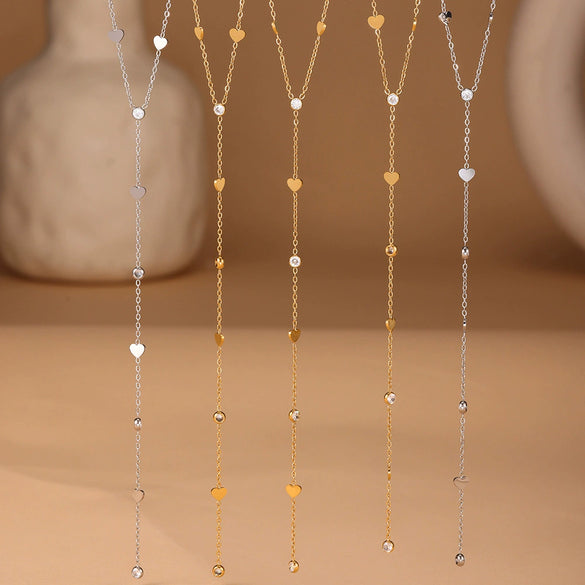 Wholesale Women's 316L Stainless Steel And 316L Stainless Steel Light Luxury Geometric Heart Shaped Zircon Yshaped Tassel Necklace With Electroplating