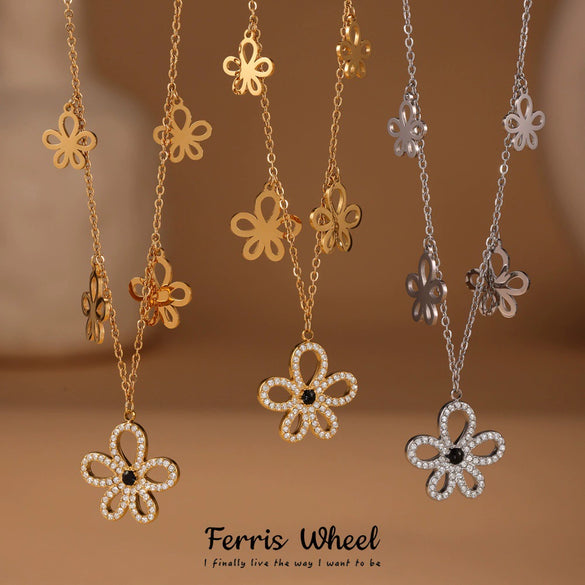 Wholesale Women's Stainless Steel And Titanium Steel Multipendant Necklace Earrings Bracelet Set 18K Gold Plated Ferris Wheel Flower Jewelry