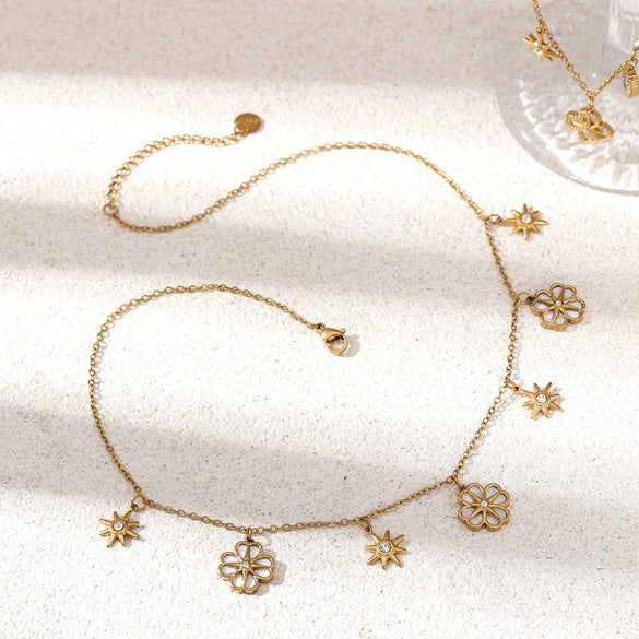 Wholesale Women's Stainless Steel And Titanium Steel Necklace With Flower Star Zircon Inlaid Electroplated Design Sweater Chain