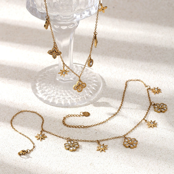 Wholesale Women's Stainless Steel And Titanium Steel Necklace With Flower Star Zircon Inlaid Electroplated Design Sweater Chain