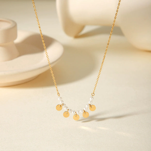 Wholesale Women's Stainless Steel And Titanium Steel Pearl Necklace With Geometric Pendant And Ochain Electroplated Design