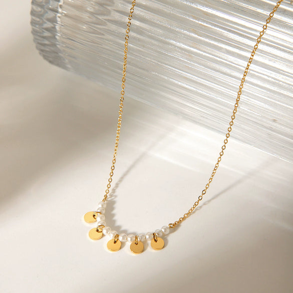 Wholesale Women's Stainless Steel And Titanium Steel Pearl Necklace With Geometric Pendant And Ochain Electroplated Design