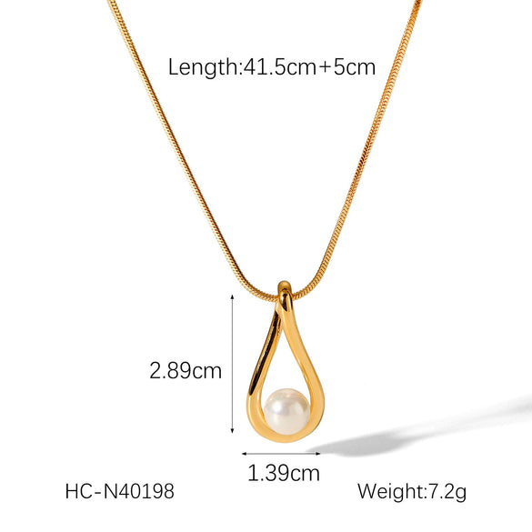 Wholesale Women's Stainless Steel And Titanium Steel Pearl Pendant Necklace With Hollow Water Drop And Geometric Pattern And Electroplating Treatment