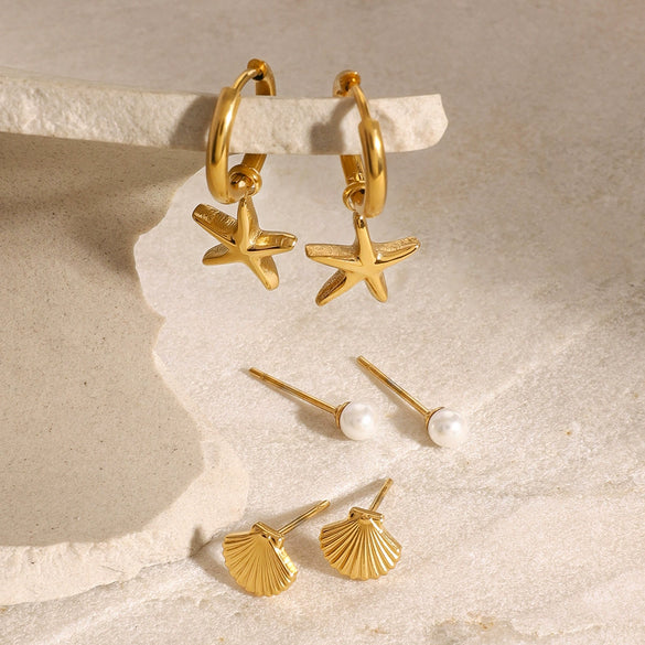 Wholesale Women's Stainless Steel Animal Starfish Earrings With Pearl And Shell Electroplated