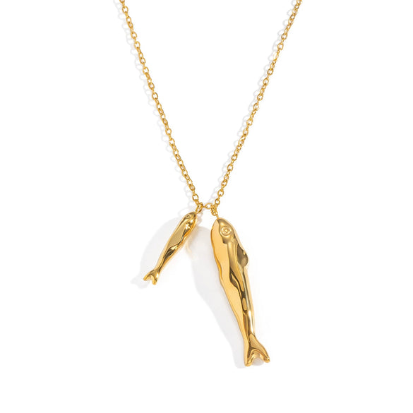 Wholesale Women's Stainless Steel Animal Zodiac Fish Pendant Necklace With Vacuum Real Gold Plating