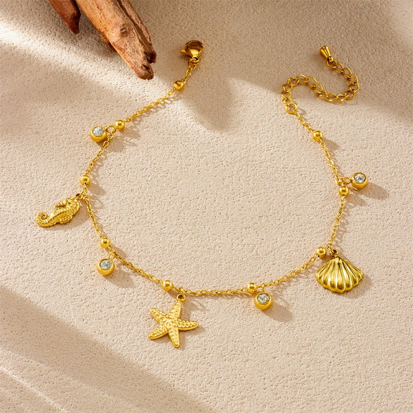 Wholesale Women's Stainless Steel Animal Zodiac Marine Series Pendant Anklet With Starfish Scallop Seahorse