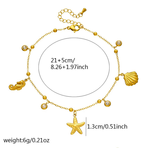 Wholesale Women's Stainless Steel Animal Zodiac Marine Series Pendant Anklet With Starfish Scallop Seahorse