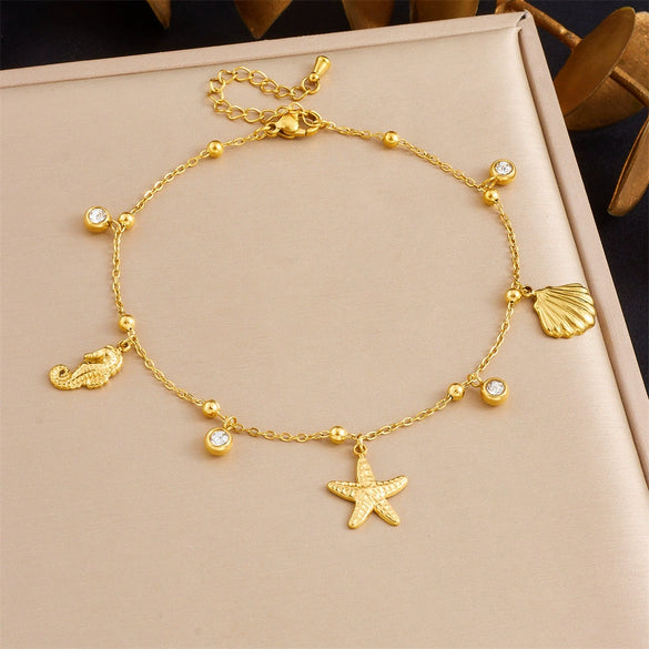 Wholesale Women's Stainless Steel Animal Zodiac Marine Series Pendant Anklet With Starfish Scallop Seahorse