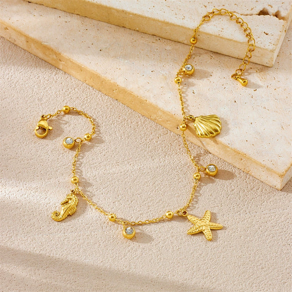 Wholesale Women's Stainless Steel Animal Zodiac Marine Series Pendant Anklet With Starfish Scallop Seahorse