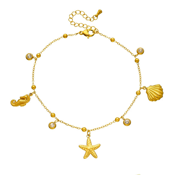 Wholesale Women's Stainless Steel Animal Zodiac Marine Series Pendant Anklet With Starfish Scallop Seahorse