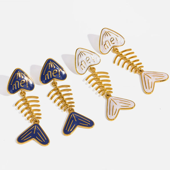 Wholesale Women's Stainless Steel Animal Zodiac Pattern Fishbone Earrings With Oil Drip Heart And Me Letter Pendant Vacuum Real Gold Plated