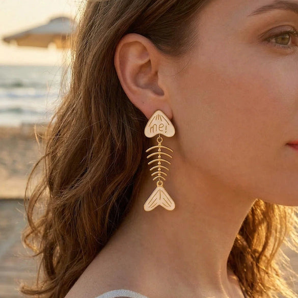 Wholesale Women's Stainless Steel Animal Zodiac Pattern Fishbone Earrings With Oil Drip Heart And Me Letter Pendant Vacuum Real Gold Plated