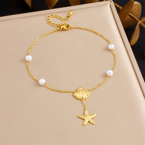 Wholesale Women's Stainless Steel Anklet With Ocean Series Animal And Zodiac Pattern Pendant And Tassel Chain