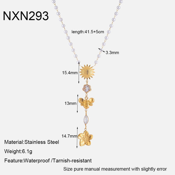 Wholesale Women's Stainless Steel Bead Chain Necklace With 18K Gold Plated Sunflower Bee Zircon Pendant And Insect Flower Pattern