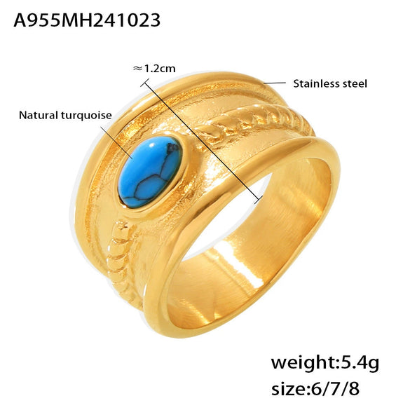 Wholesale Women's 316L Stainless Steel Blue Turquoise Tiger Eye Stone Geometric Twist Pattern Pvd Electroplated Ring