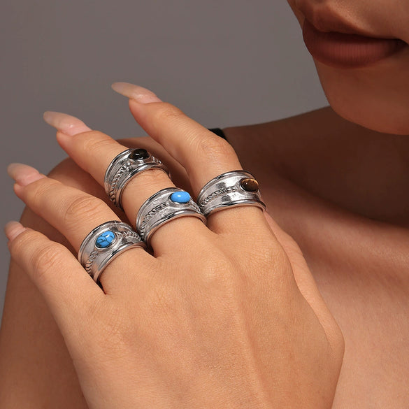 Wholesale Women's 316L Stainless Steel Blue Turquoise Tiger Eye Stone Geometric Twist Pattern Pvd Electroplated Ring