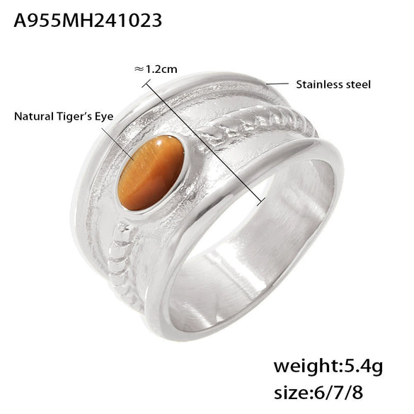 Wholesale Women's 316L Stainless Steel Blue Turquoise Tiger Eye Stone Geometric Twist Pattern Pvd Electroplated Ring