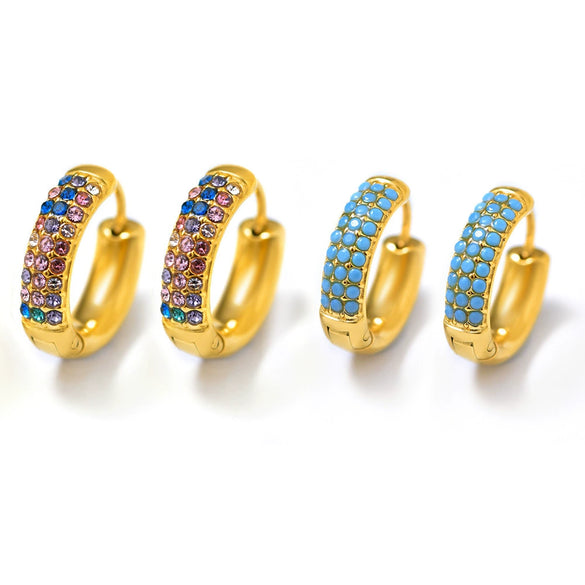 Wholesale Women's Stainless Steel Blue Turquoise Zircon Circle Buckle Earrings Hand Inlaid With Geometric Pattern And Electroplated