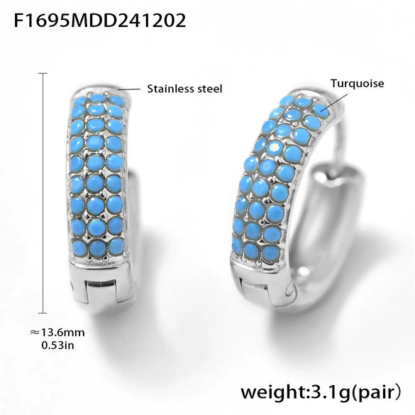Wholesale Women's Stainless Steel Blue Turquoise Zircon Circle Buckle Earrings Hand Inlaid With Geometric Pattern And Electroplated