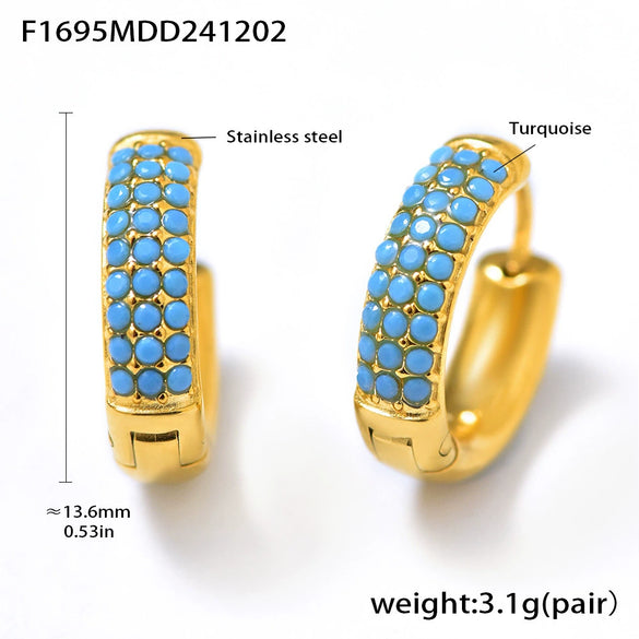 Wholesale Women's Stainless Steel Blue Turquoise Zircon Circle Buckle Earrings Hand Inlaid With Geometric Pattern And Electroplated