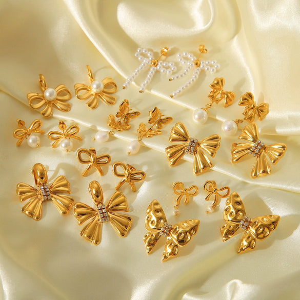 Wholesale Women's Stainless Steel Bow And Geometric Earrings With Electroplating Treatment