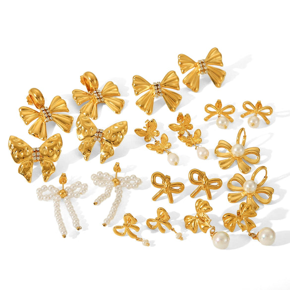 Wholesale Women's Stainless Steel Bow And Geometric Earrings With Electroplating Treatment