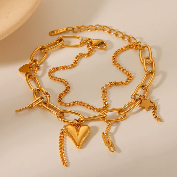 Wholesale Women's Stainless Steel Bracelet With Heart And Geometric Pattern Electroplated