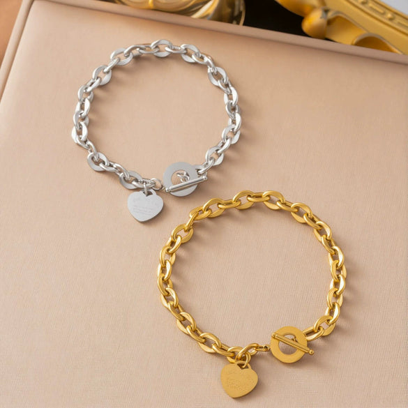 Wholesale Women's Stainless Steel Bracelet With Heartshaped And Ot Buckle Real Gold Plated Geometric Style Featuring Letters Numbers And Text