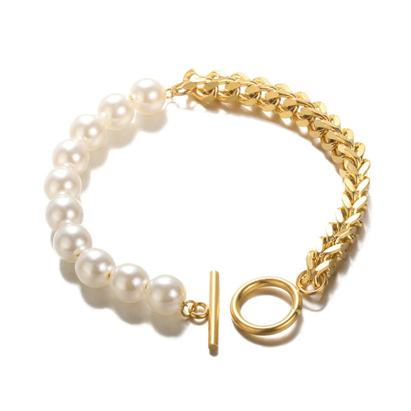 Wholesale Women's Stainless Steel Bracelet With Personality Stitching Chain And Pearl O Buckle In Ins Niche Design