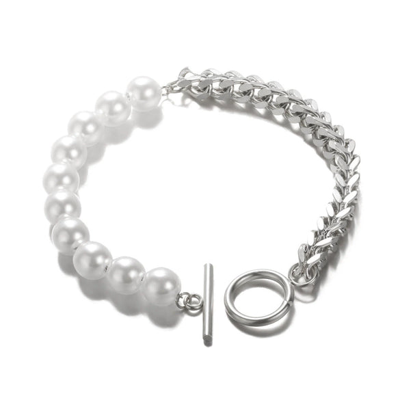 Wholesale Women's Stainless Steel Bracelet With Personality Stitching Chain And Pearl O Buckle In Ins Niche Design