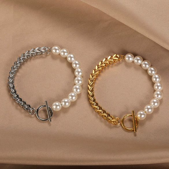 Wholesale Women's Stainless Steel Bracelet With Personality Stitching Chain And Pearl O Buckle In Ins Niche Design