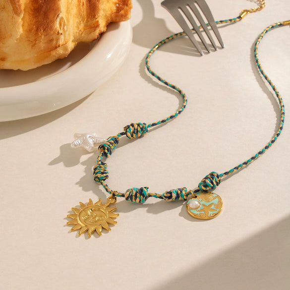 Wholesale Women's Stainless Steel Braided Rope Chain Necklace With Animal Zodiac Smiley Face Sun Pendant Pvd Furnace Vacuum Real Gold Plated
